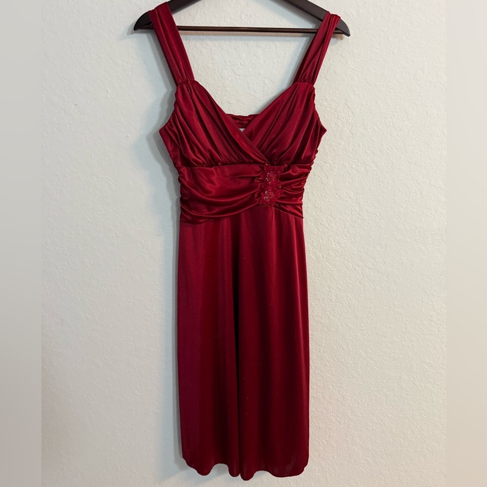 Speechless Deep Red Satin Beaded Flower Midi Knee Length Dress